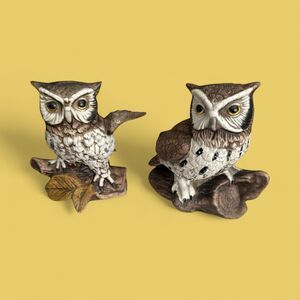 Homco 1114 Owl Figurines Pair – Vintage Screech Owls – Original Labels – 6” Tall